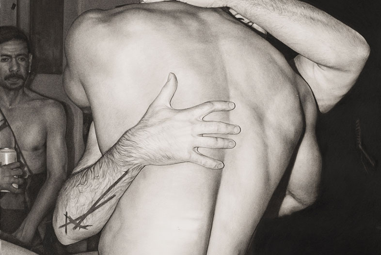 Abrazo [embrace] (2026). Charcoal on marouflage paper, 140 x 100 cm