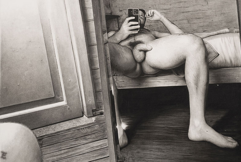 Selfie (2026). Charcoal on marouflage paper, 140 x 100 cm