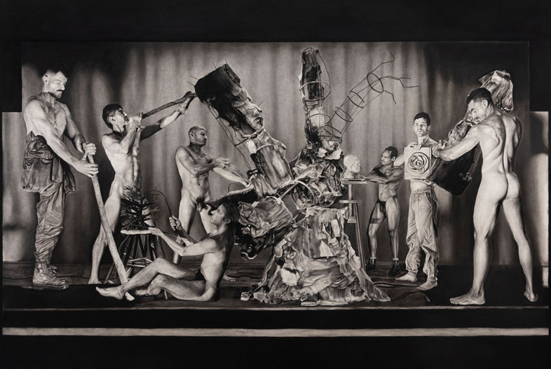 Scene (2022). Charcoal on marouflage paper, 140 x 200 cm