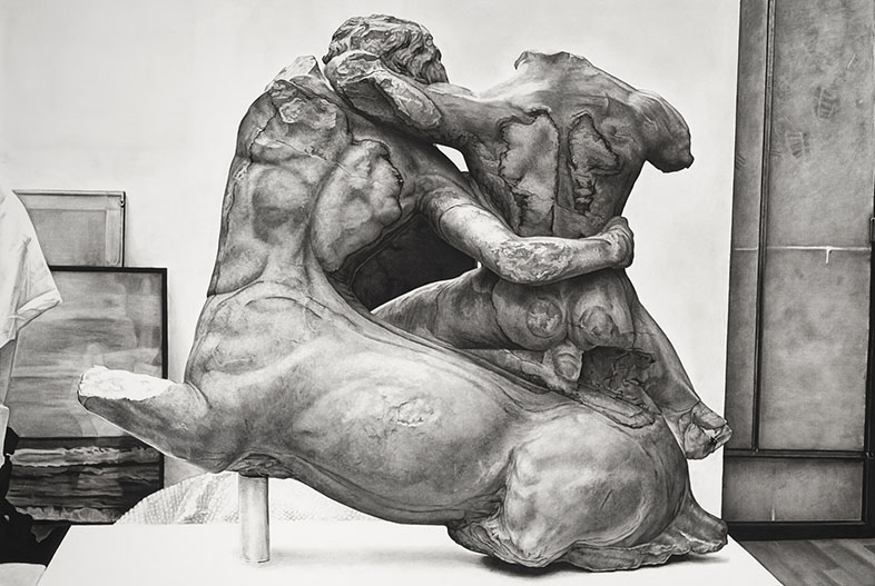 Embrace (2024). Charcoal on marouflage paper, 140 x 200 cm