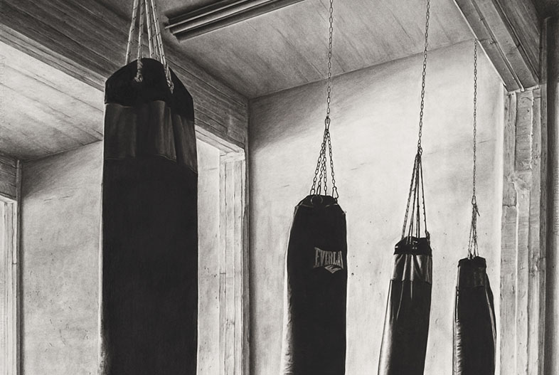 Punching bags (2024). Charcoal on marouflage paper, 200 x 140 cm